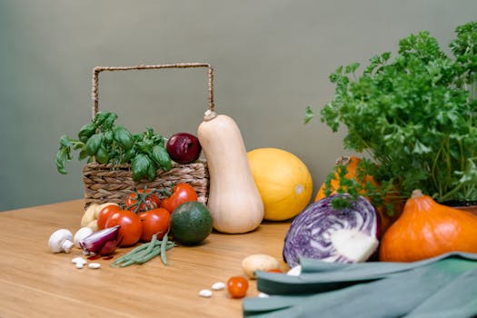 A colorful assortment of prebiotic foods like bananas, garlic, and onions